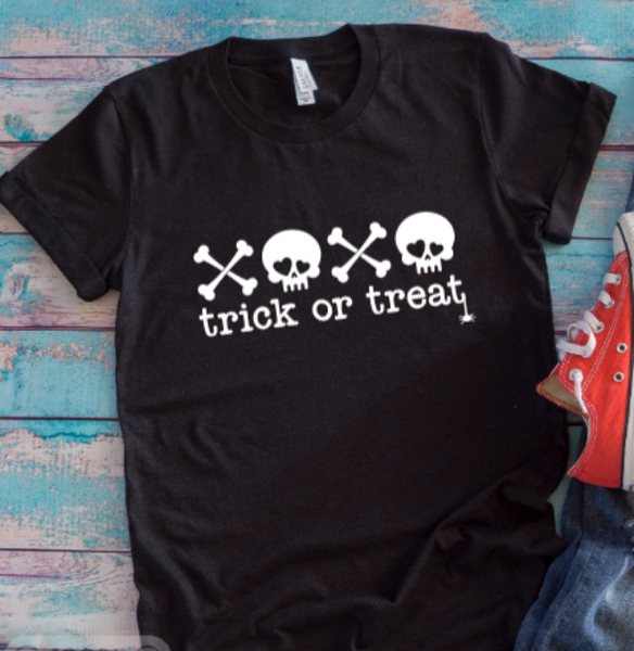 Trick or Treat, Skull and Crossbones, Halloween Black Unisex Short Sleeve T-shirt