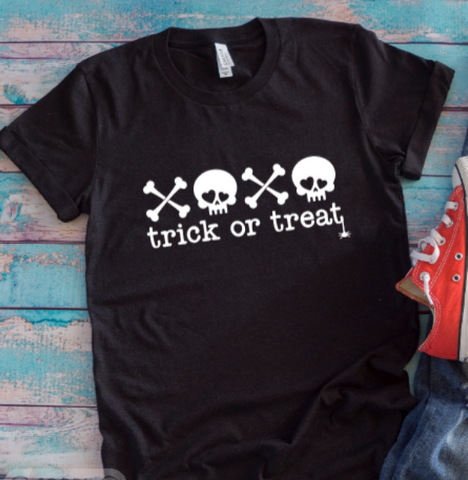 Trick or Treat, Skull and Crossbones, Halloween Black Unisex Short Sleeve T-shirt