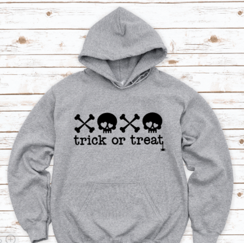 Trick or Treat, Skull and Crossbones, Halloween, Gray Unisex Hoodie Sweatshirt