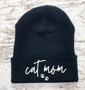 Cat Mom, Black Beanie Cuffed Winter Hat