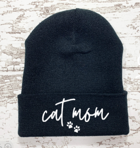 Cat Mom, Black Beanie Cuffed Winter Hat