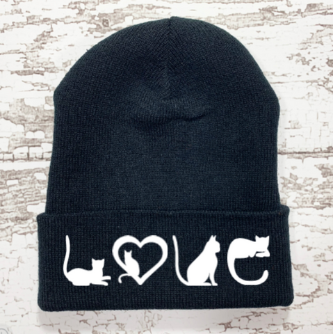 Cat Love, Black Beanie Cuffed Winter Hat