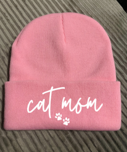 Cat Mom, Pink Beanie Cuffed Winter Hat