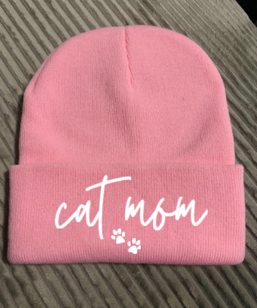 Cat Mom, Pink Beanie Cuffed Winter Hat