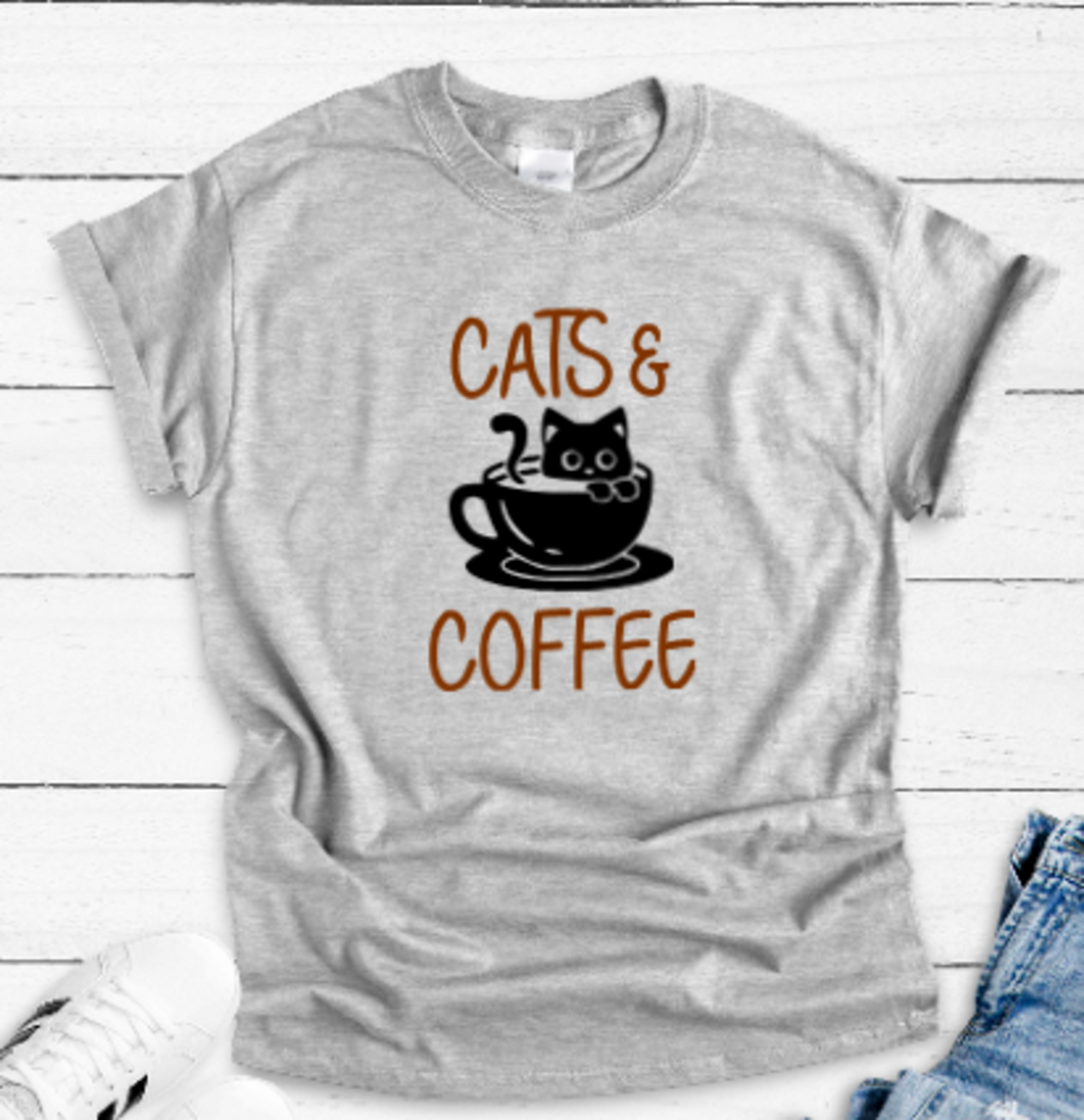 Cats and Coffee, Gray Short Sleeve Unisex T-shirt