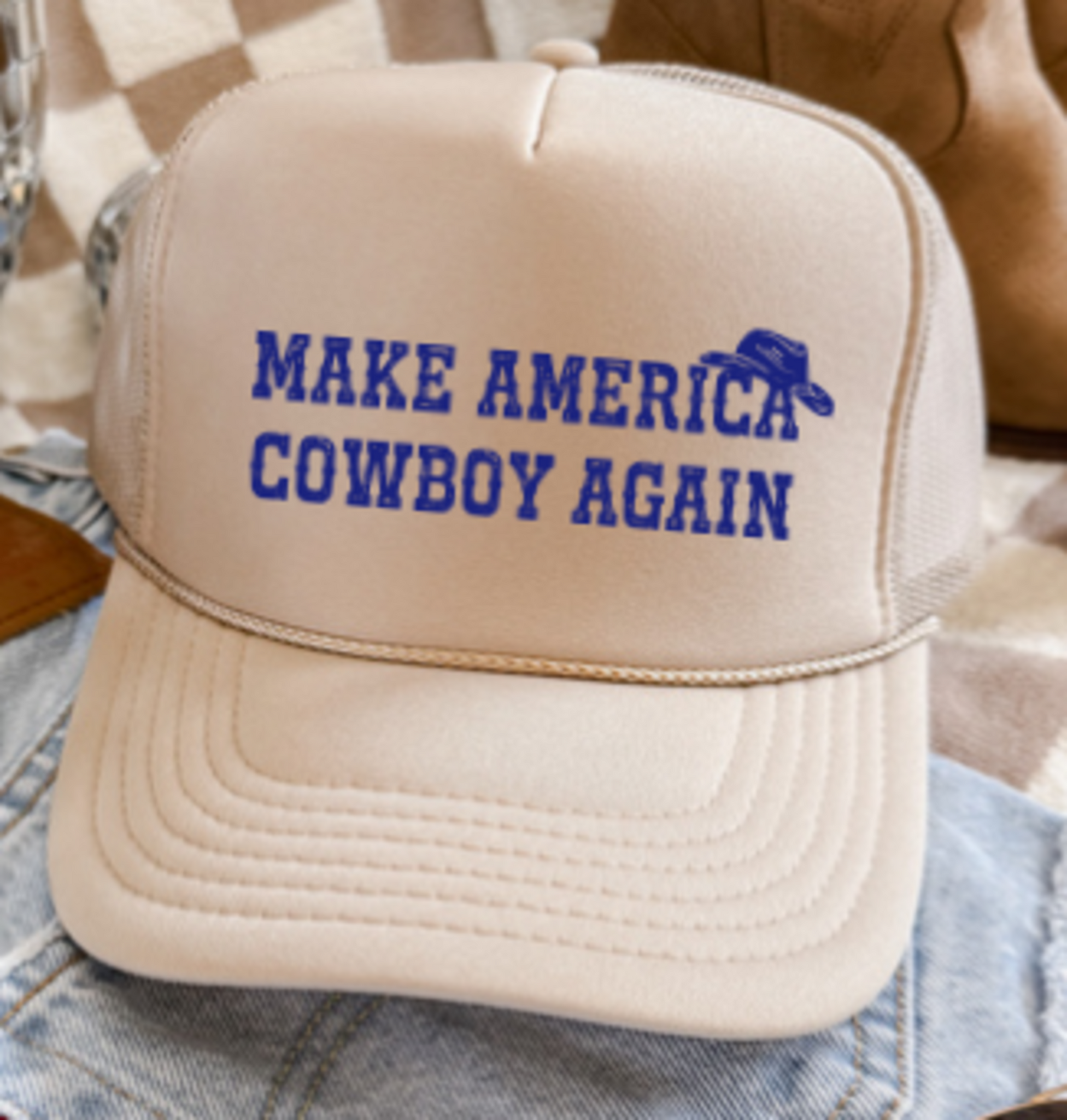 Make America Cowboy Again, Khaki Tan Women's Otto Brand Trucker Hat