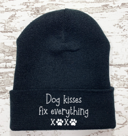 dog kisses fix everything black winter beanie hat
