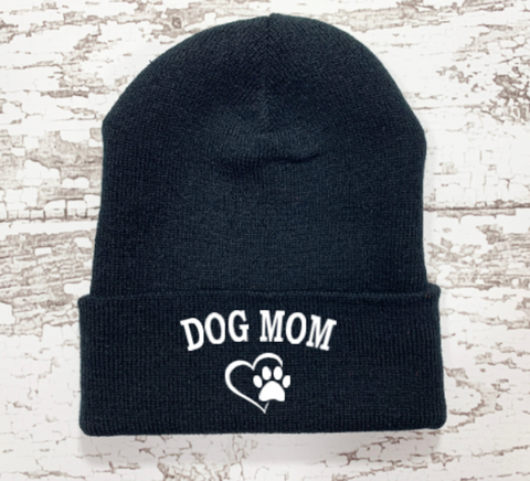 dog mom black winter beanie