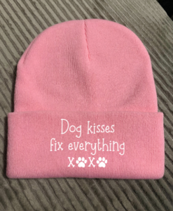 dog kisses pink winter beanie hat