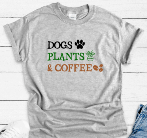 Dogs, Plants & Coffee, Gray Short Sleeve Unisex T-shirt