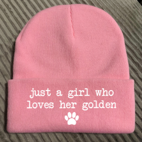 Just a Girl Who Loves Her Golden, Retriever, Pink, Beanie Cuffed Winter Hat
