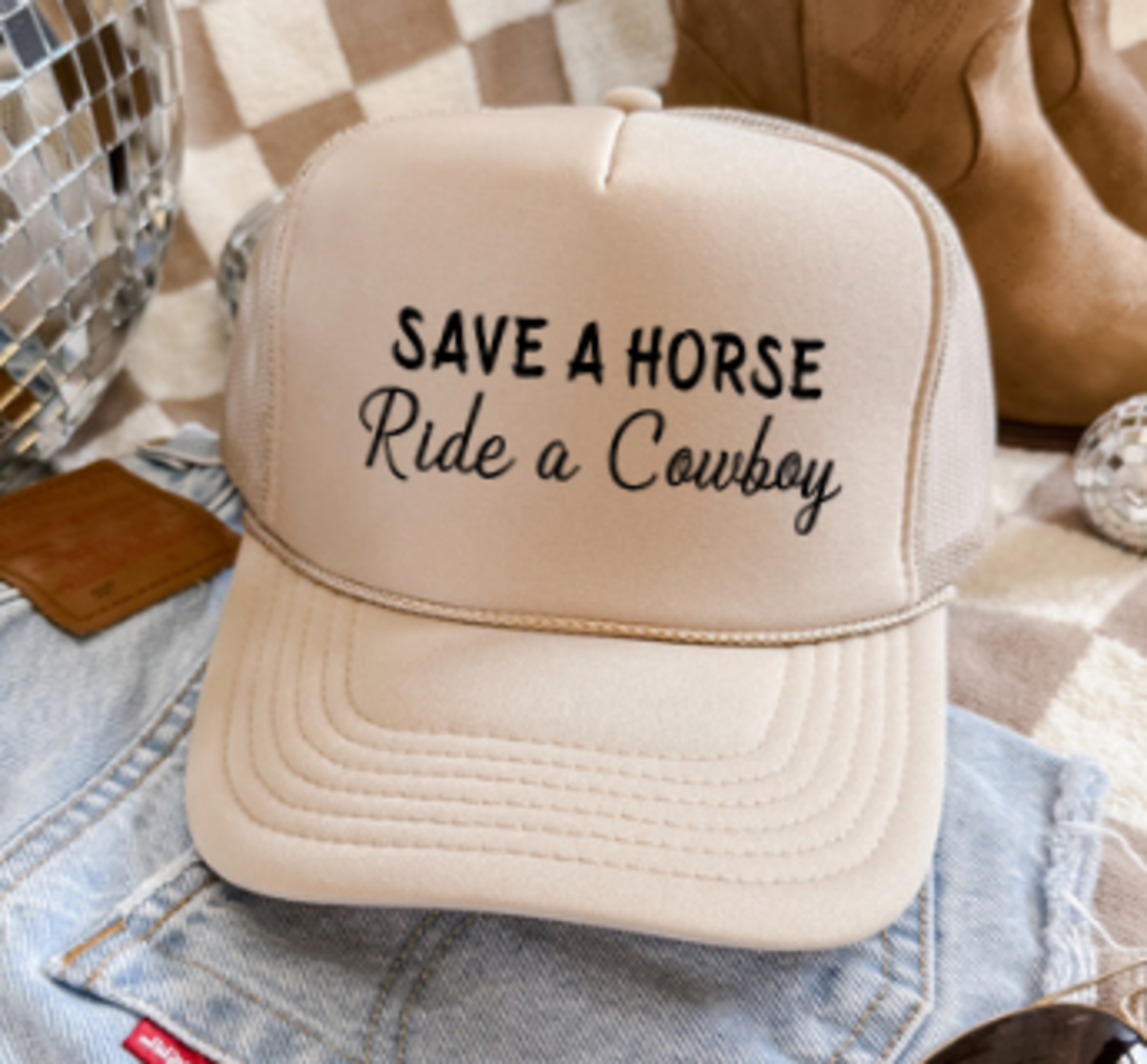Save a Horse, Ride a Cowboy, Khaki Tan Men's and Women's Otto Brand Trucker Hat