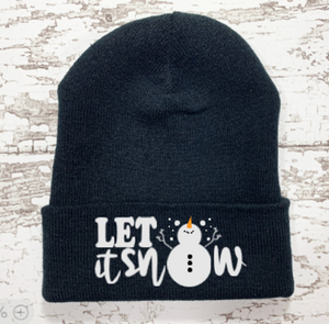 Let it Snow, Snowman, Black Beanie Cuffed Winter Hat