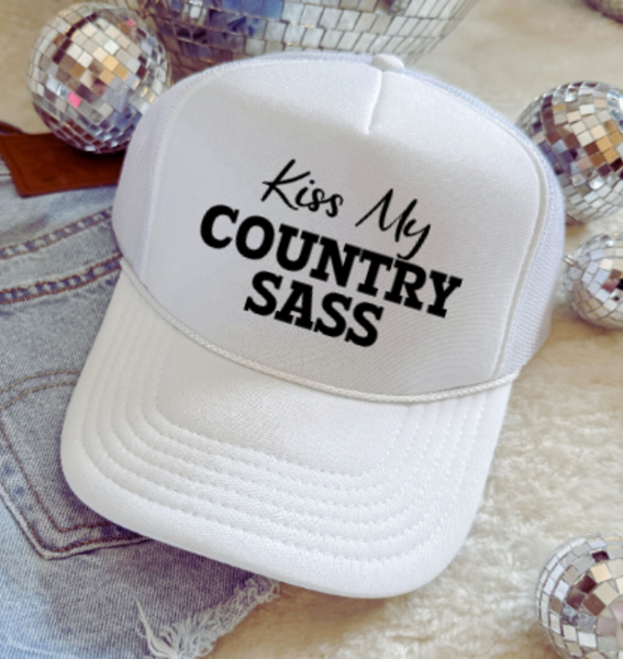 Kiss My Country Sass, White, Men's and Women's Otto Brand Trucker Hat