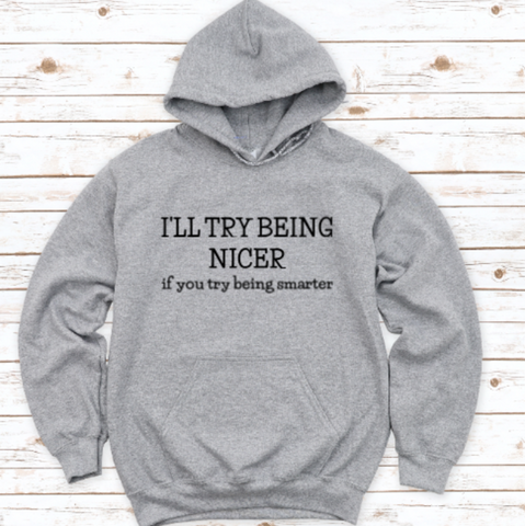 I'll Try Being Nicer If You Start Being Smarter, Gray, Unisex Hoodie Sweatshirt