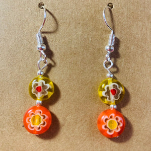 Millefiori glass, translucent multicolored, orange and yellow puffed flat round earrings