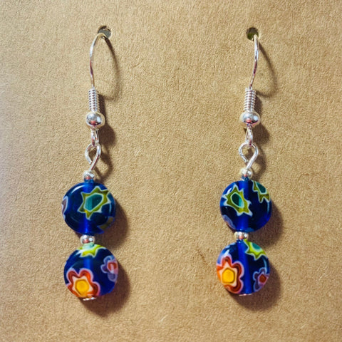Millefiori glass, translucent blue puffed flat round with flower design earrings