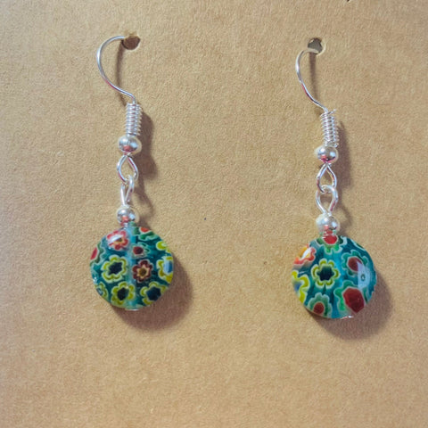 Millefiori glass, translucent aqua blue/green and multicolored, puffed flat round with flower design earrings
