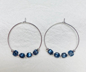 Handmade, 1-1/8 inch hoop earrings with Blue Starry Night Cube Czech Glass Beads, Boho style