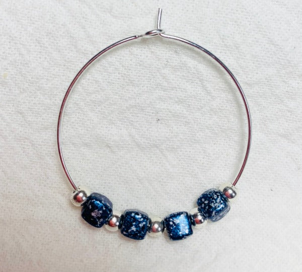 Handmade, 1-1/8 inch hoop earrings with Blue Starry Night Cube Czech Glass Beads, Boho style