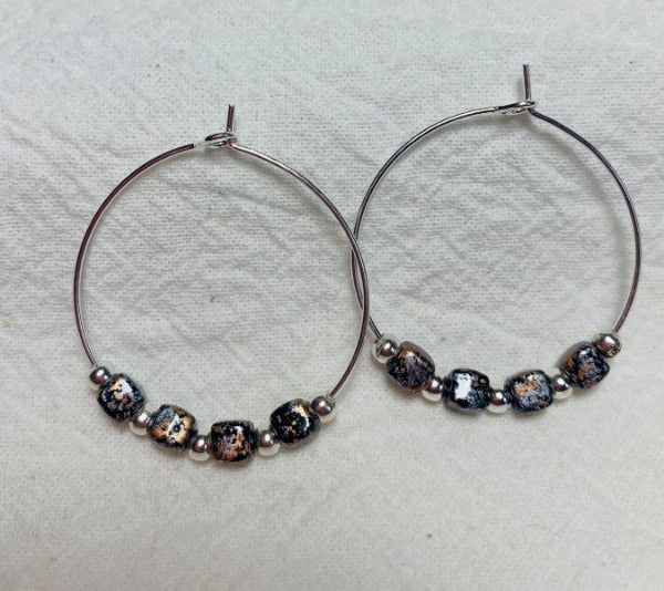 Handmade, 1-1/8 inch hoop earrings with Granite Gold Cube Czech Glass Beads, Boho style