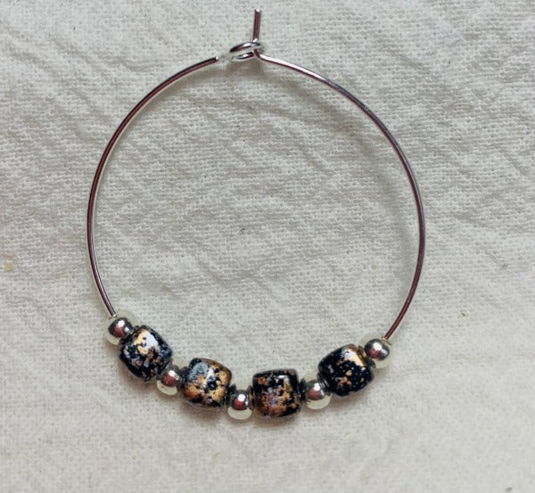Handmade, 1-1/8 inch hoop earrings with Granite Gold Cube Czech Glass Beads, Boho style