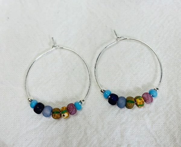 Handmade, 1 inch hoop earrings with Lavender Lane Picasso Czech Glass Seed Beads, Boho style