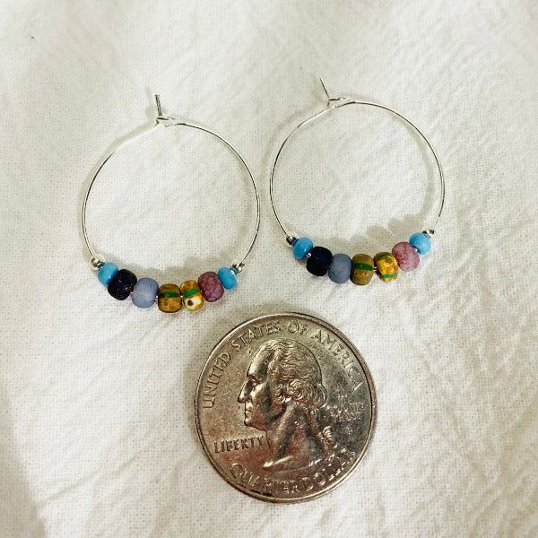 Handmade, 1 inch hoop earrings with Lavender Lane Picasso Czech Glass Seed Beads, Boho style