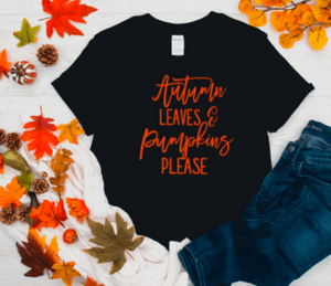 Autumn Leaves and Pumpkins Please Fall Black Unisex Short Sleeve T-shirt