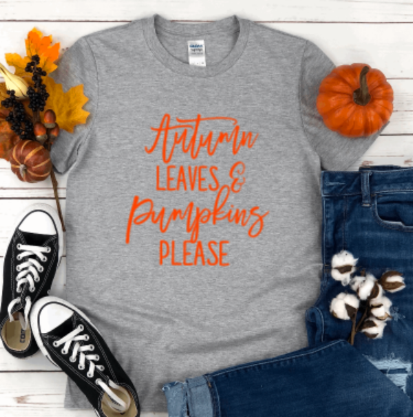 Autumn Leaves and Pumpkins Please Fall Gray Short Sleeve Unisex T-shirt