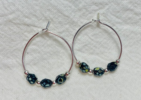 Handmade, 3/4 inch hoop earrings with 4mm Black Picasso Faceted Czech Glass Beads, Boho style