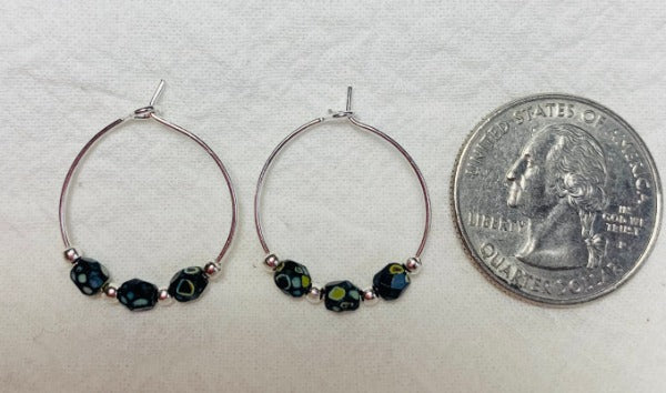 Handmade, 3/4 inch hoop earrings with 4mm Black Picasso Faceted Czech Glass Beads, Boho style