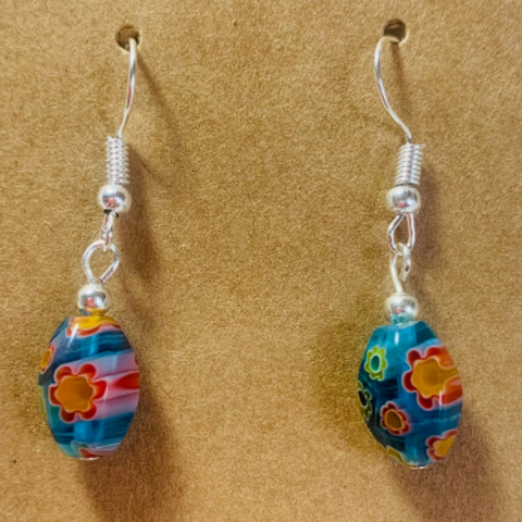 Millefiori glass, translucent multicolored, 6-sided twisted oval earrings