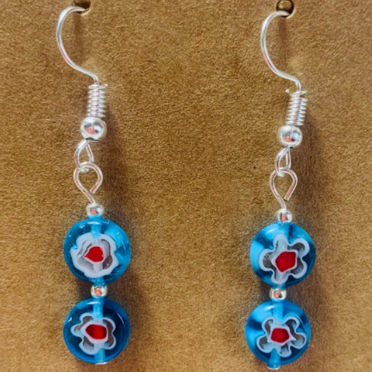 Millefiori glass, translucent blue flower 8-9mm puffed flat round earrings