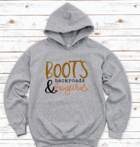 Boots, Backroads, and Bonfires, Gray Unisex Hoodie Sweatshirt