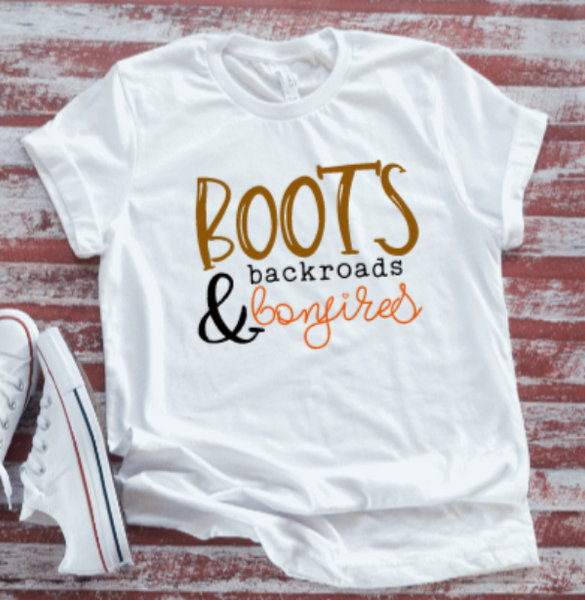 Boots, Backroads, and Bonfires Fall White Unisex Short Sleeve T-shirt