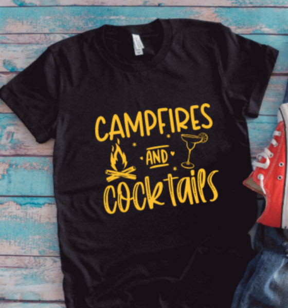 Campfires and Cocktails, Camping, Unisex Black Short Sleeve T-shirt
