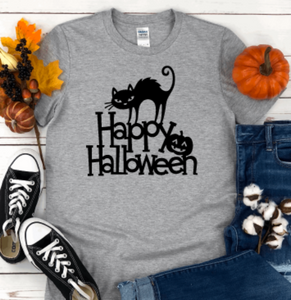 Happy Halloween Black Cat Unisex Gray Short Sleeve Unisex T-shirt