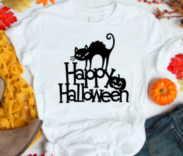 Happy Halloween Black Cat, Unisex White Short Sleeve T-shirt