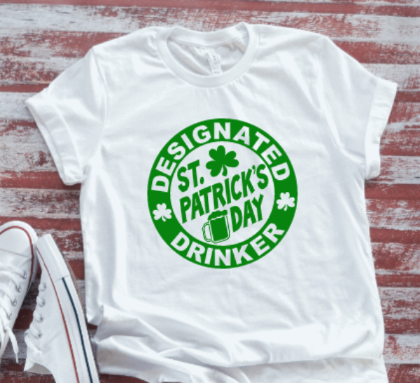 Designated St. Patrick's Day Drinker, Unisex, White Short Sleeve T-shirt