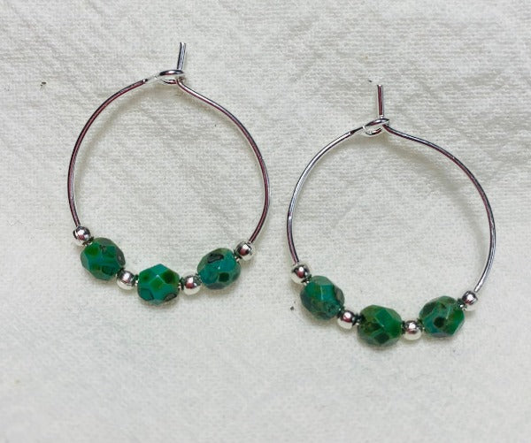 Handmade, 3/4 inch hoop earrings with 4mm Dark Turquoise Faceted Czech Glass Beads, Boho style