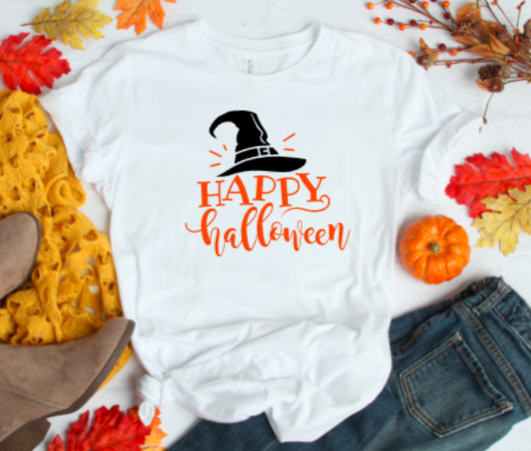 happy halloween witches hat white t shirt