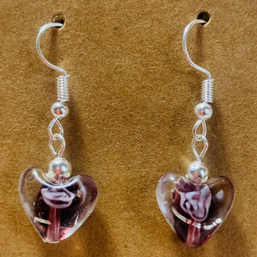 Handmade translucent purple heart with streaks of silver earrings