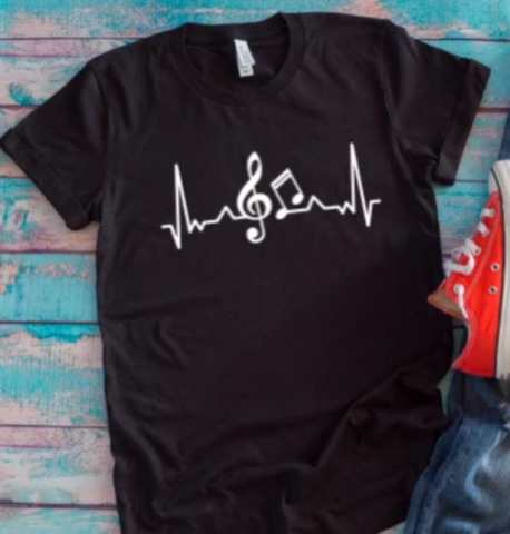 music note heartbeat black t-shirt