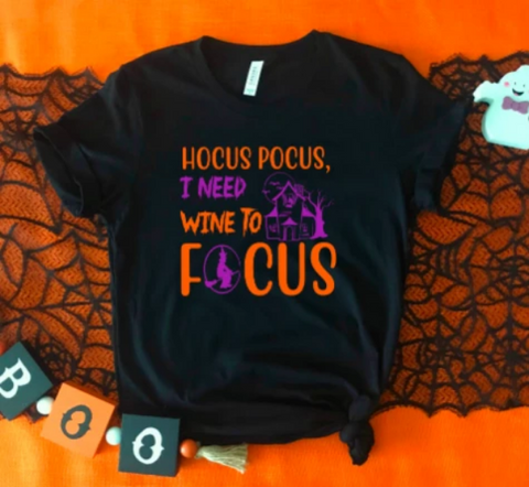 hocus pocus i need wine to focus halloween black t-shirt