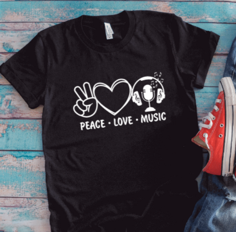 Peace, Love Music, Black Unisex Short Sleeve T-shirt