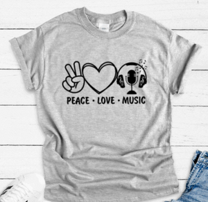 Peace, Love, Music, Gray Short Sleeve Unisex T-shirt