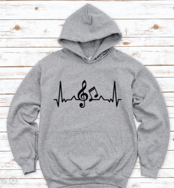Music Notes Heartbeat, Gray Unisex Hoodie Sweatshirt