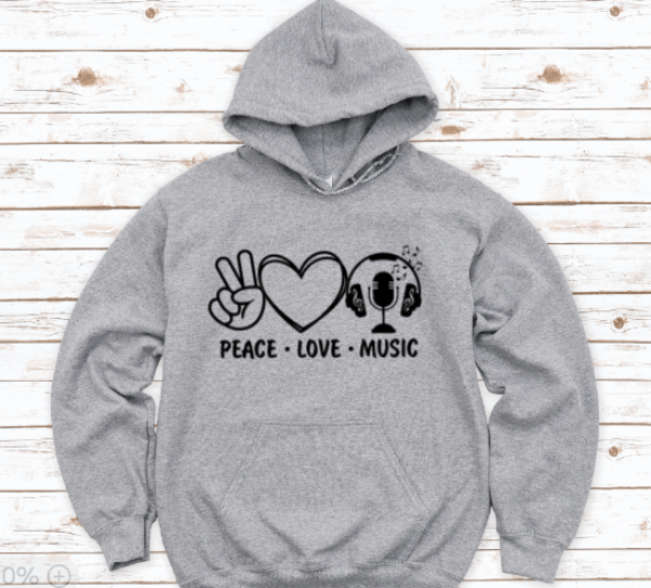 Peace, Love Music, Gray Unisex Hoodie Sweatshirt