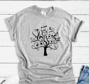 Music Notes Tree, Gray Short Sleeve T-shirt